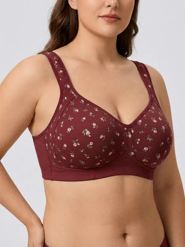 Women's Plus Size Dusty Rose Rose Floral Wide-Strap Wireless Bra