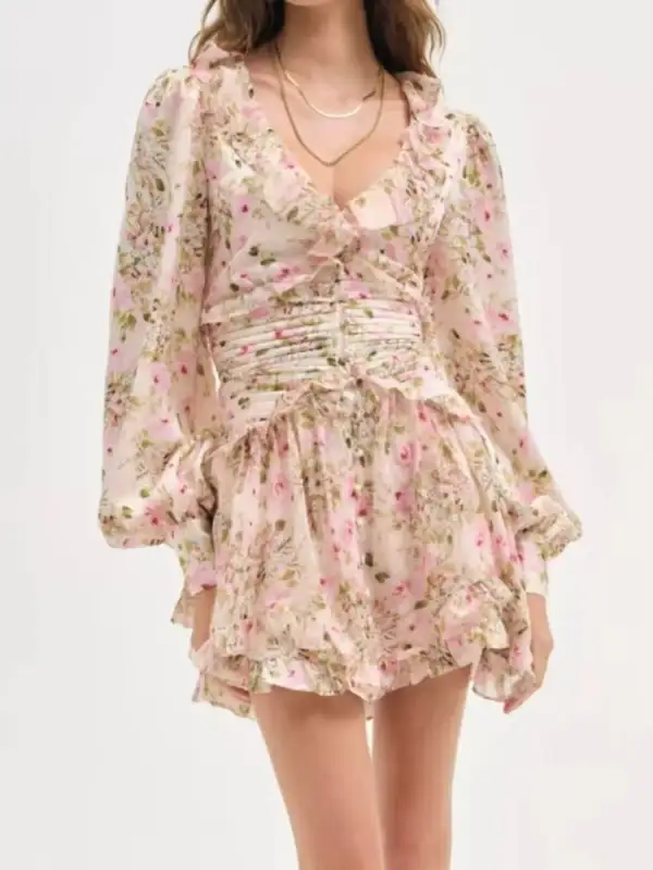 Structured Shape Floral Printed Ruffle Mini Dress