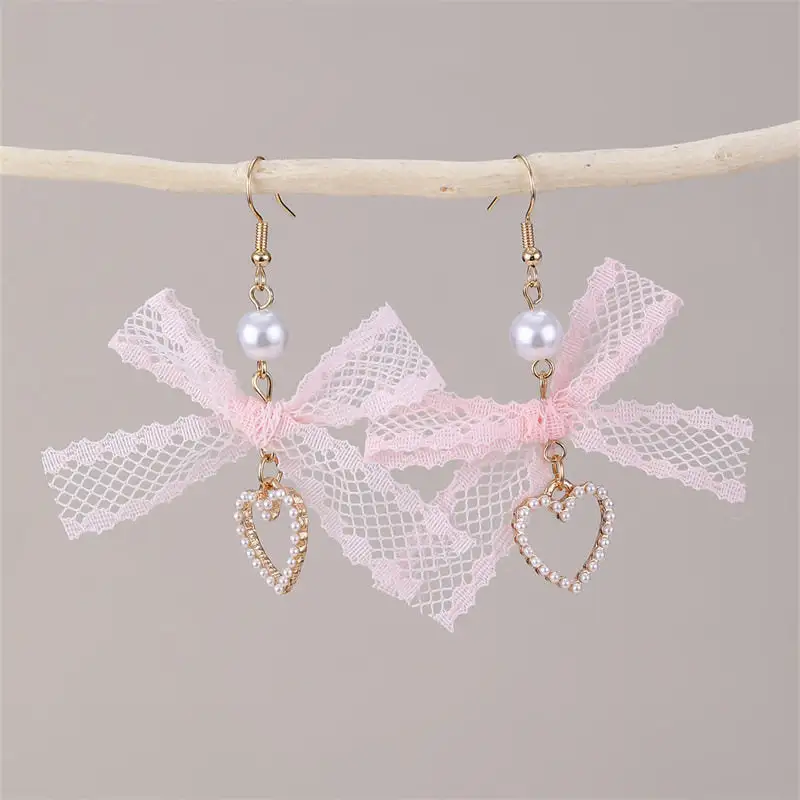 Heart Bow Lace Statement Earrings