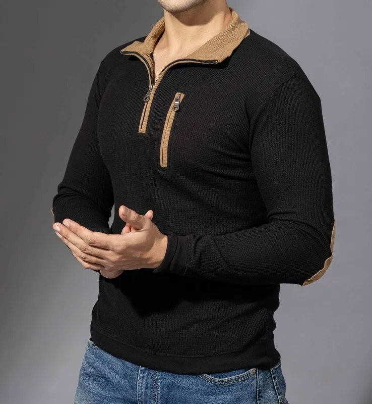 Black Half-Zip Long Sleeve Casual Shirt