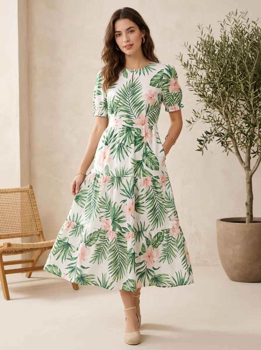 Women's Tropical Vacation Floral Palm Leaf Printed Midi Dress