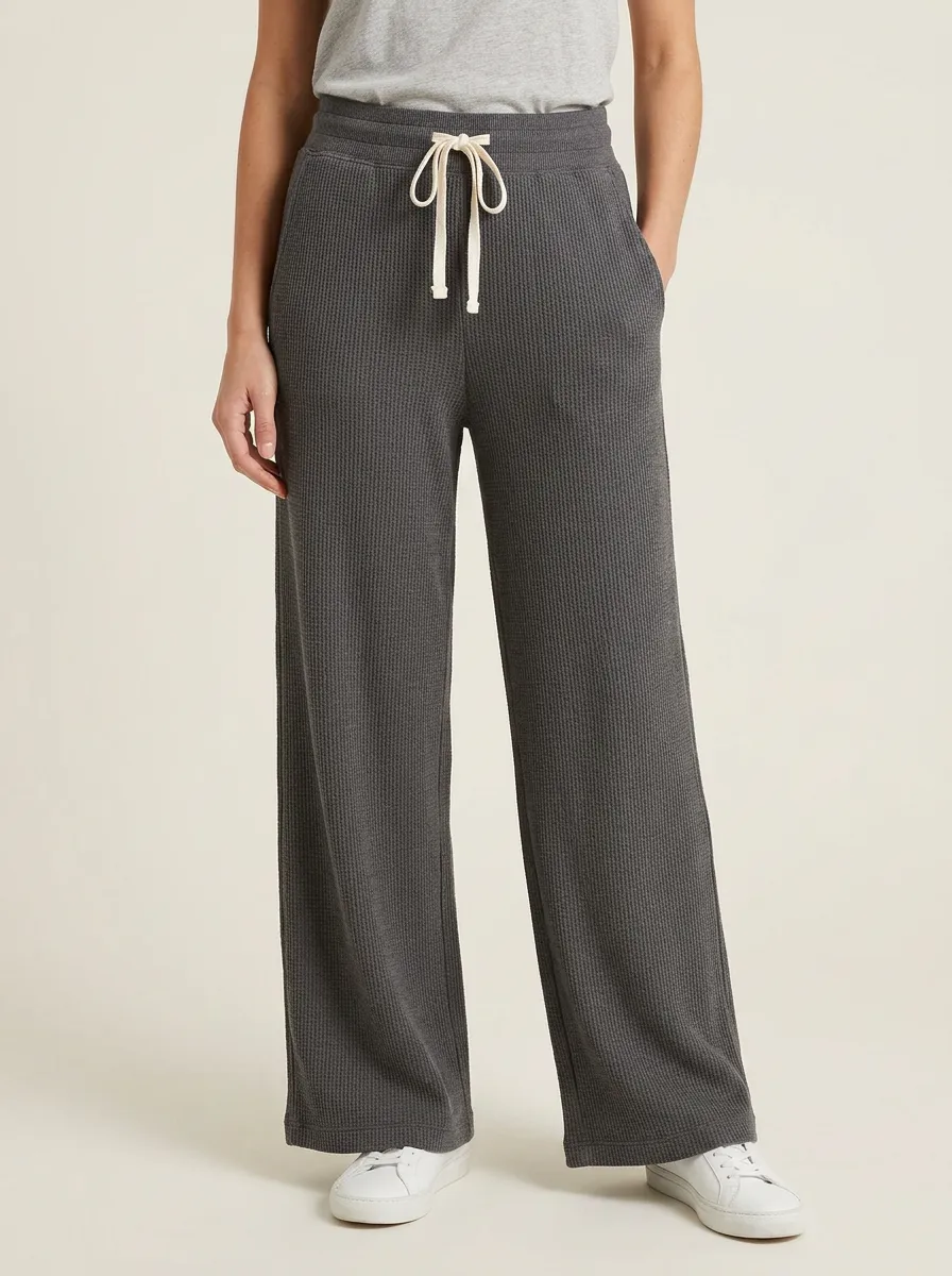 Women's Casual Lounge Waffle Knit Drawstring Wide Leg Pants