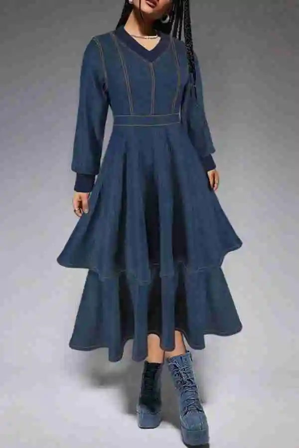 Contrast-Stitch Denim V-Neck Tiered Midi Dress