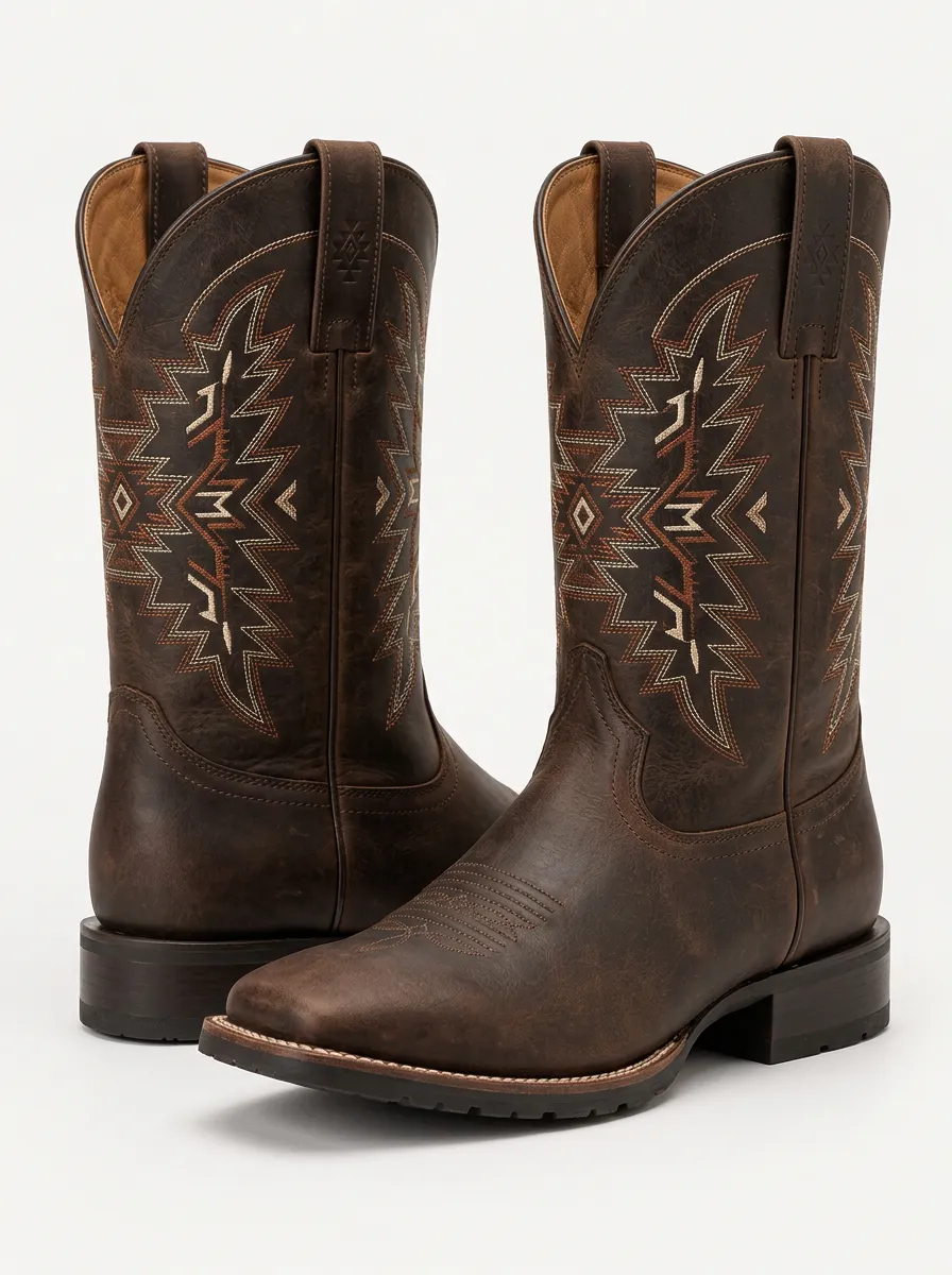 Men's Cowboy Boots in Red with Geometric Detail and Embroidered Detail