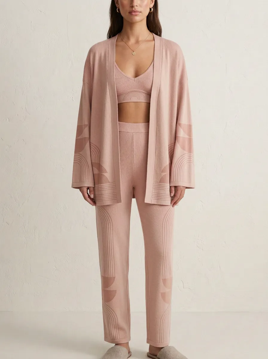 Geometric Ribbed Cardigan Lounge Set