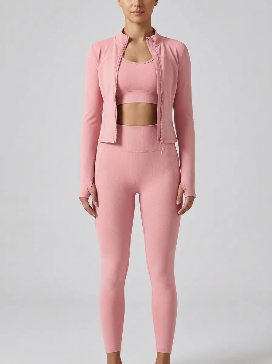 Streetwear Ribbed Texture Seamless Design Edit Women's Three Piece Activewear Set
