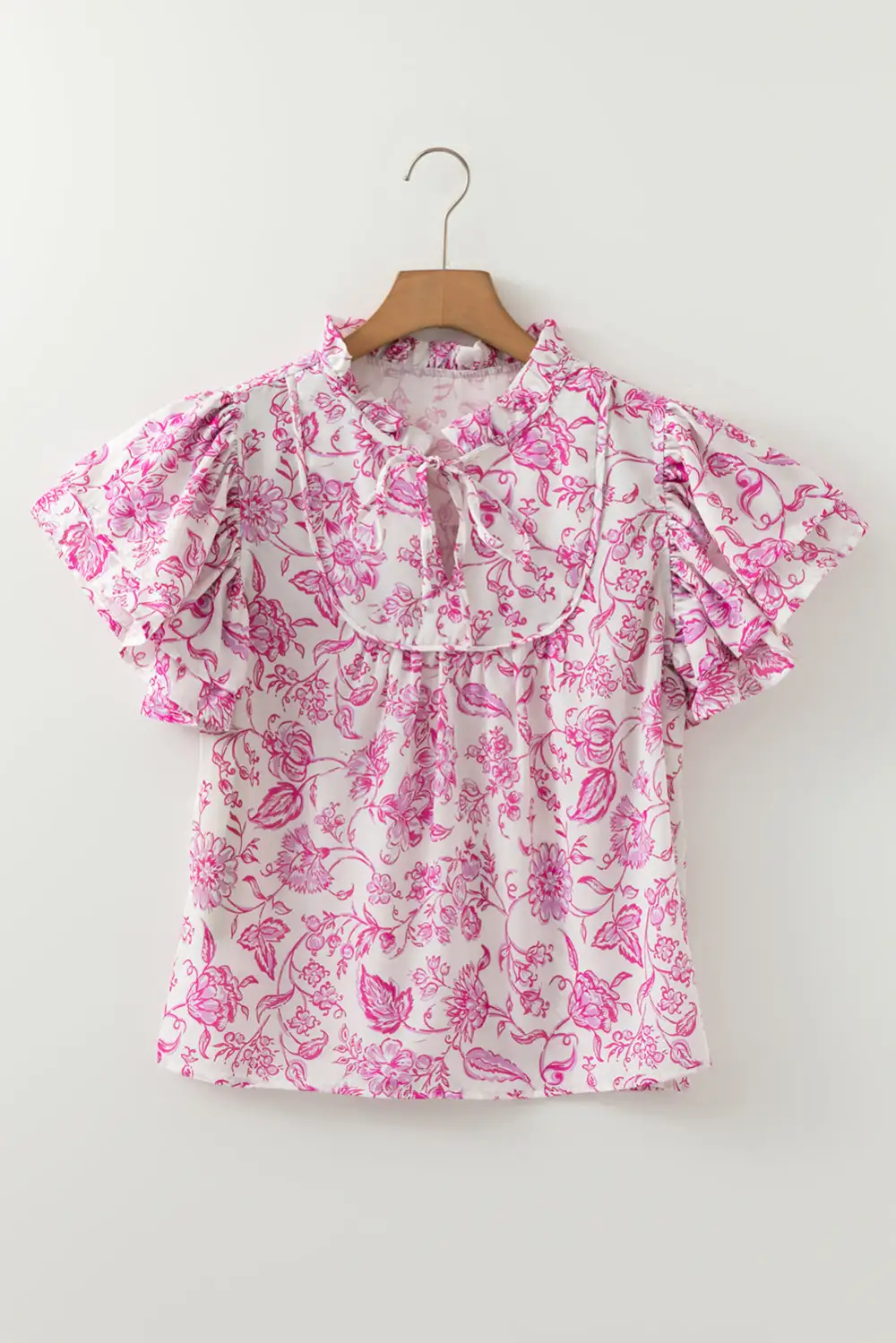 Relaxed Floral Ruffled V-Neck Blouse