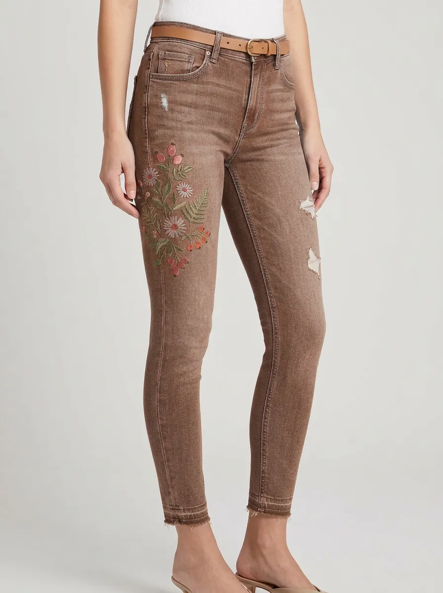 Women's Floral Botanical Embroidered Printed Slim Jeans