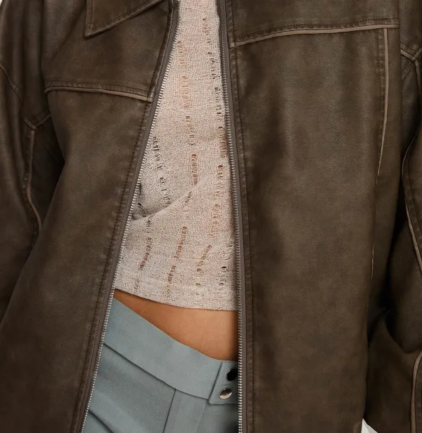 Washed Dark Brown Faux Leather Oversized Bomber Jacket