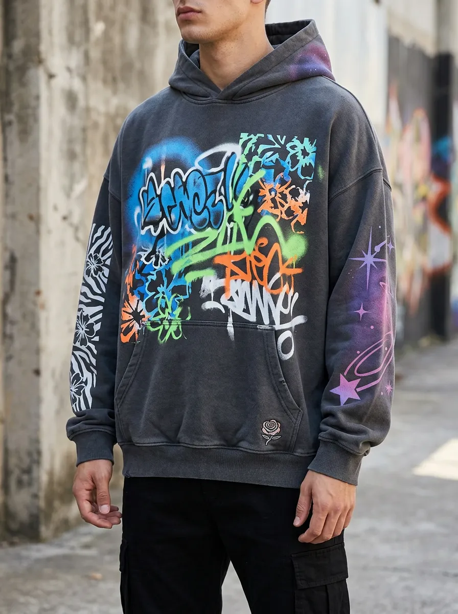 Unisex Graffiti Rose Star Graphic Hoodie