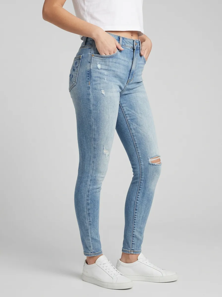 Women's Heritage Floral Embroidery Distressed Printed Slim Jeans