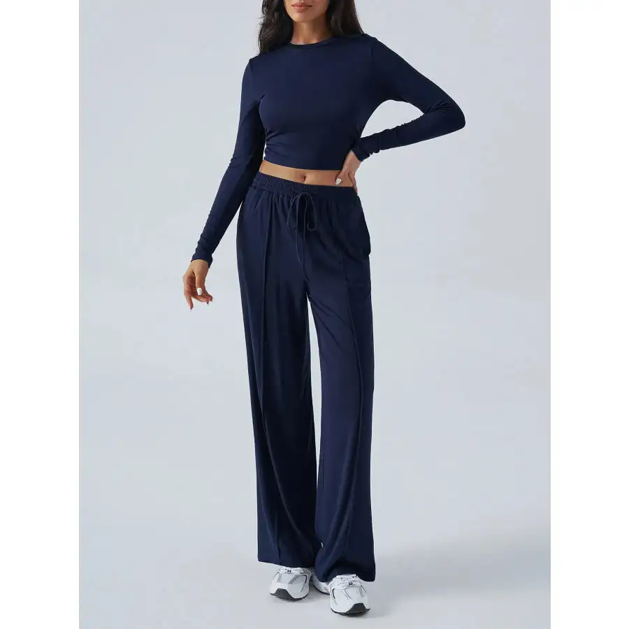 Easy Round Neck Long Sleeve Top and Pants Set