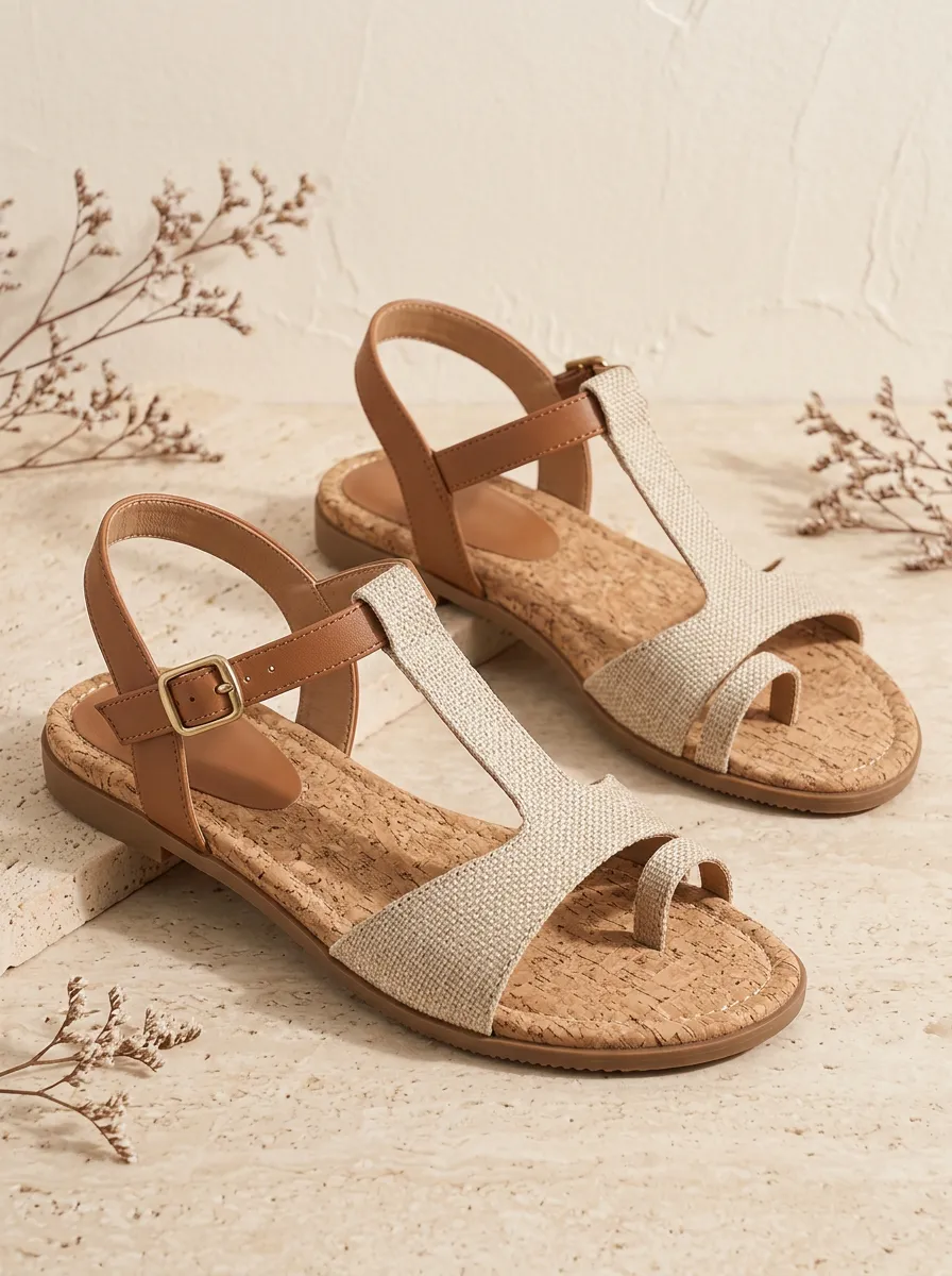Women's Cork Detail Canvas Flat Sandals