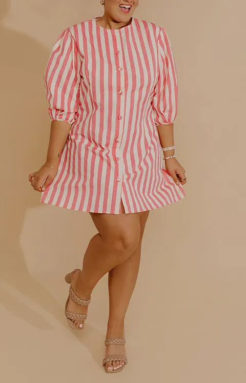 Button-Front Striped Round Neck Three-Quarter Sleeve Mini Dress