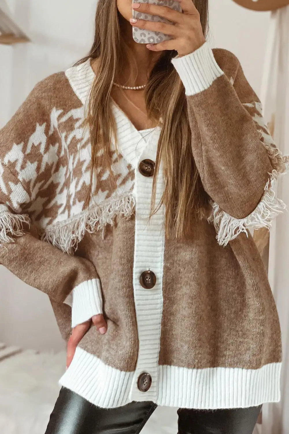 Houndstooth Color Block V Neck Raw Edge Button Front Cardigan