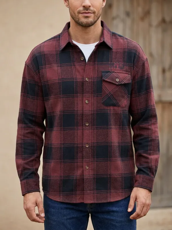 Mountain Pine Tree Plaid Single Pocket Shirt