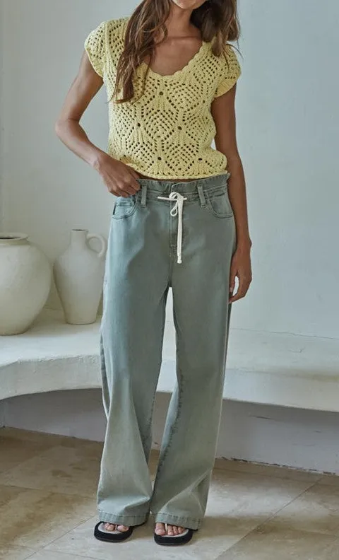 Yellow Crochet Knit Short Sleeve Top