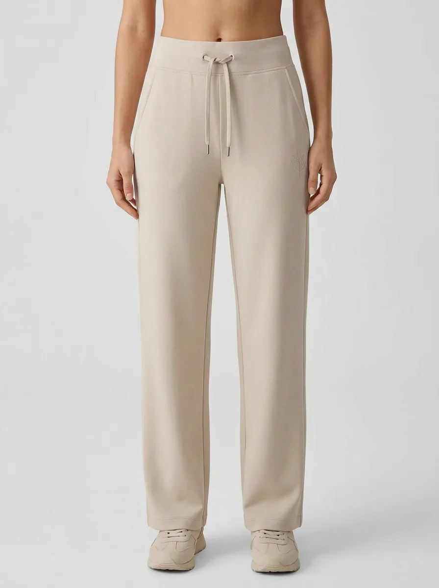 Women's Minimalist Beige Leaf Embroidered Drawstring Sweatpants