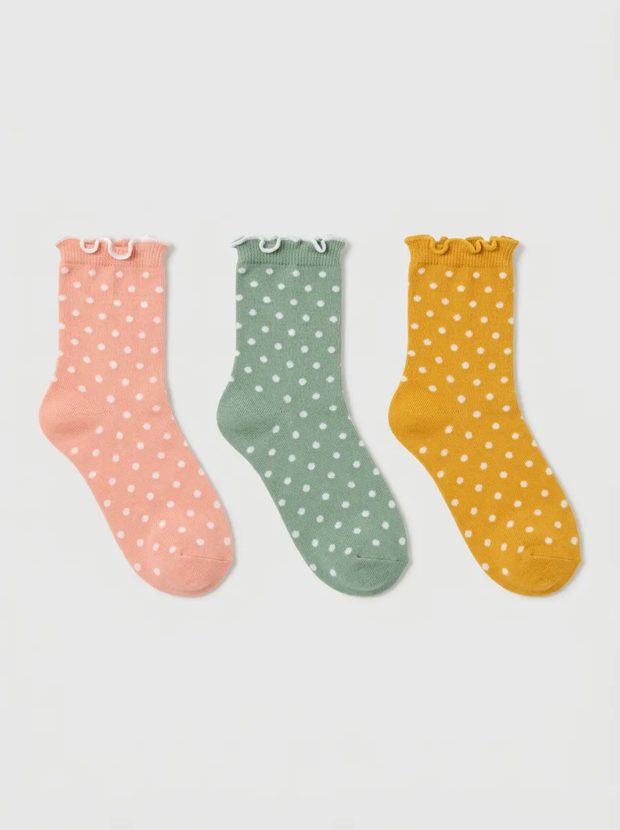 Women's Multicolor Polka Dot Ruffle-Trim Crew Socks 3-Pack