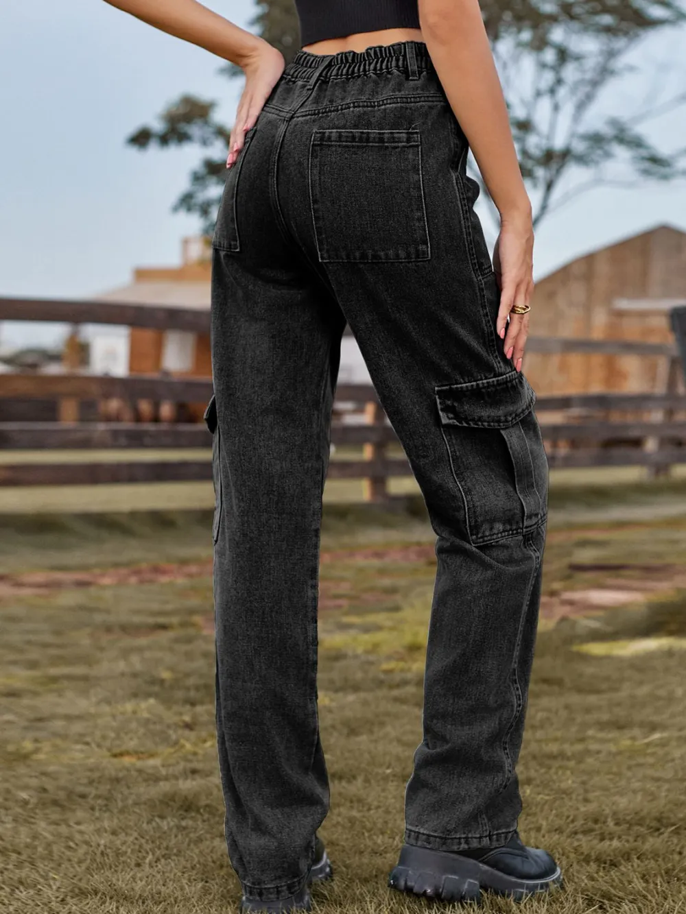 Relaxed High Waist Cargo Denim Jeans