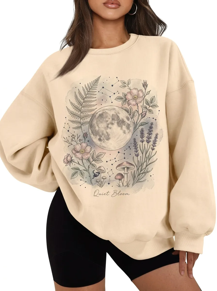 Women's Celestial Moon Mushroom Floral Graphic Sweatshirt