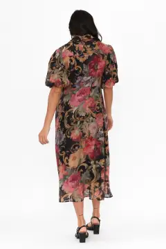 Below-Knee Floral Cotton Pocket Collared Half-Sleeve A-Line Dress