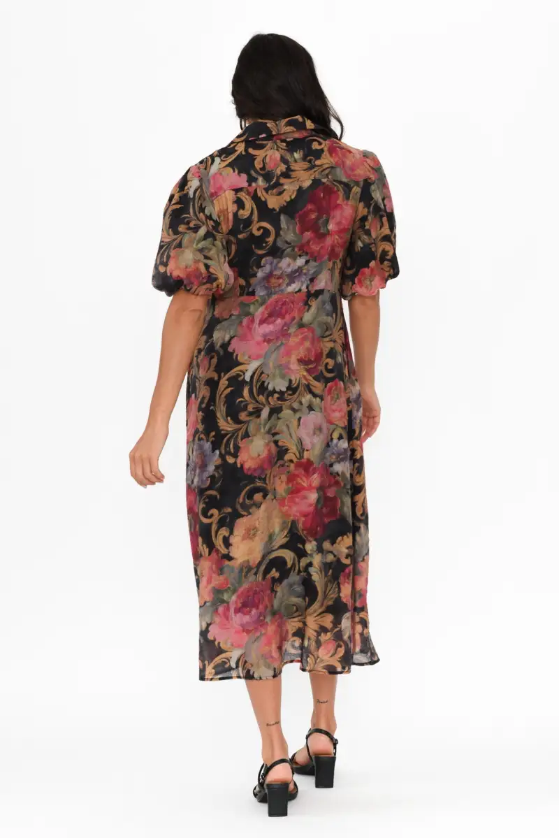 Below-Knee Floral Cotton Pocket Collared Half-Sleeve A-Line Dress