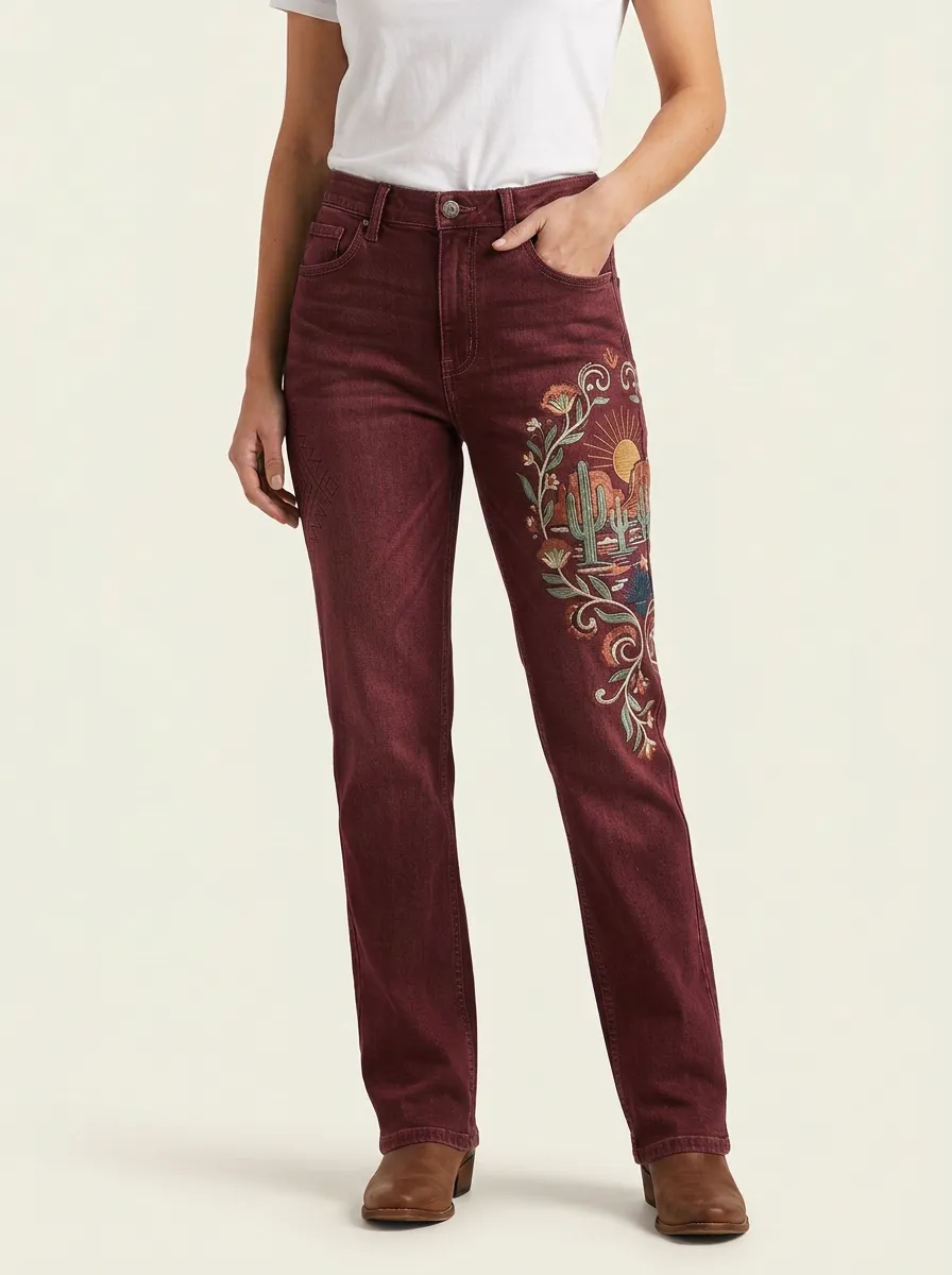 Women's Medium Wash Cactus Floral Embroidered High-Rise Straight Leg Jeans