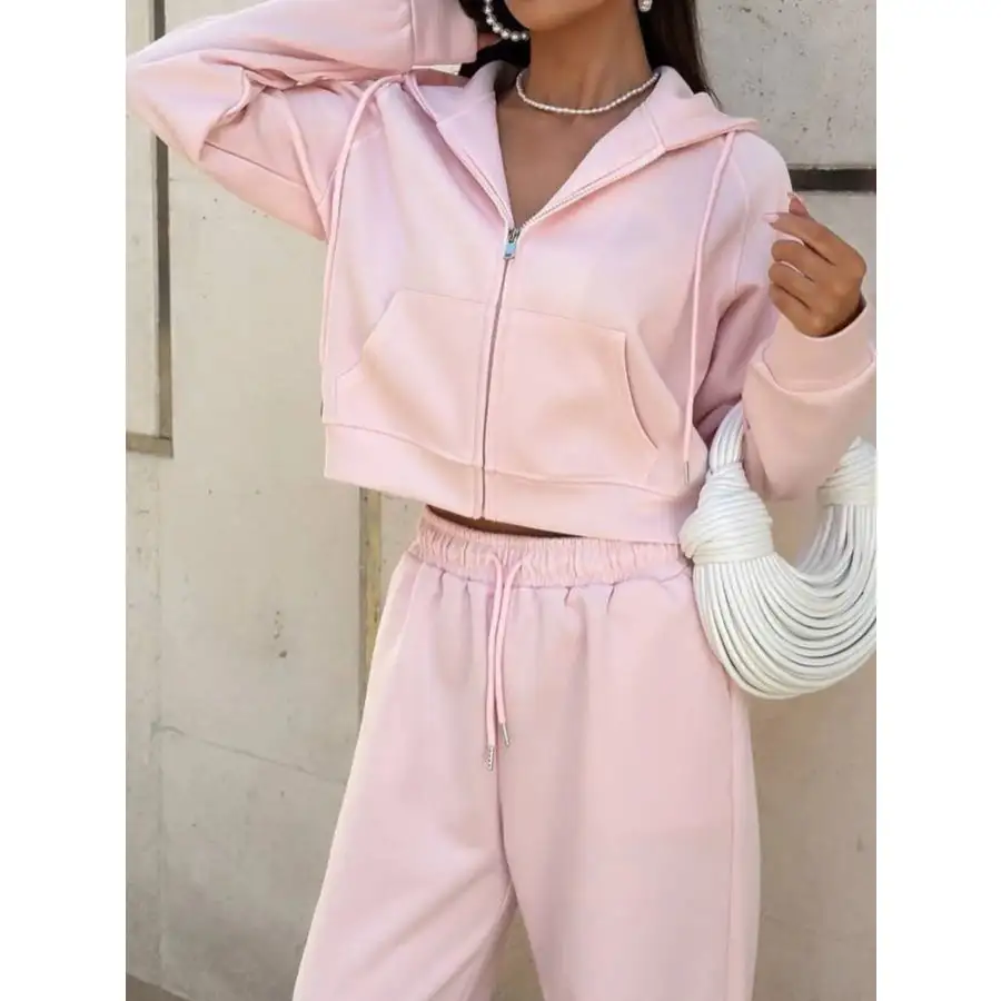 Zip Up Drawstring Hoodie and Pants Set