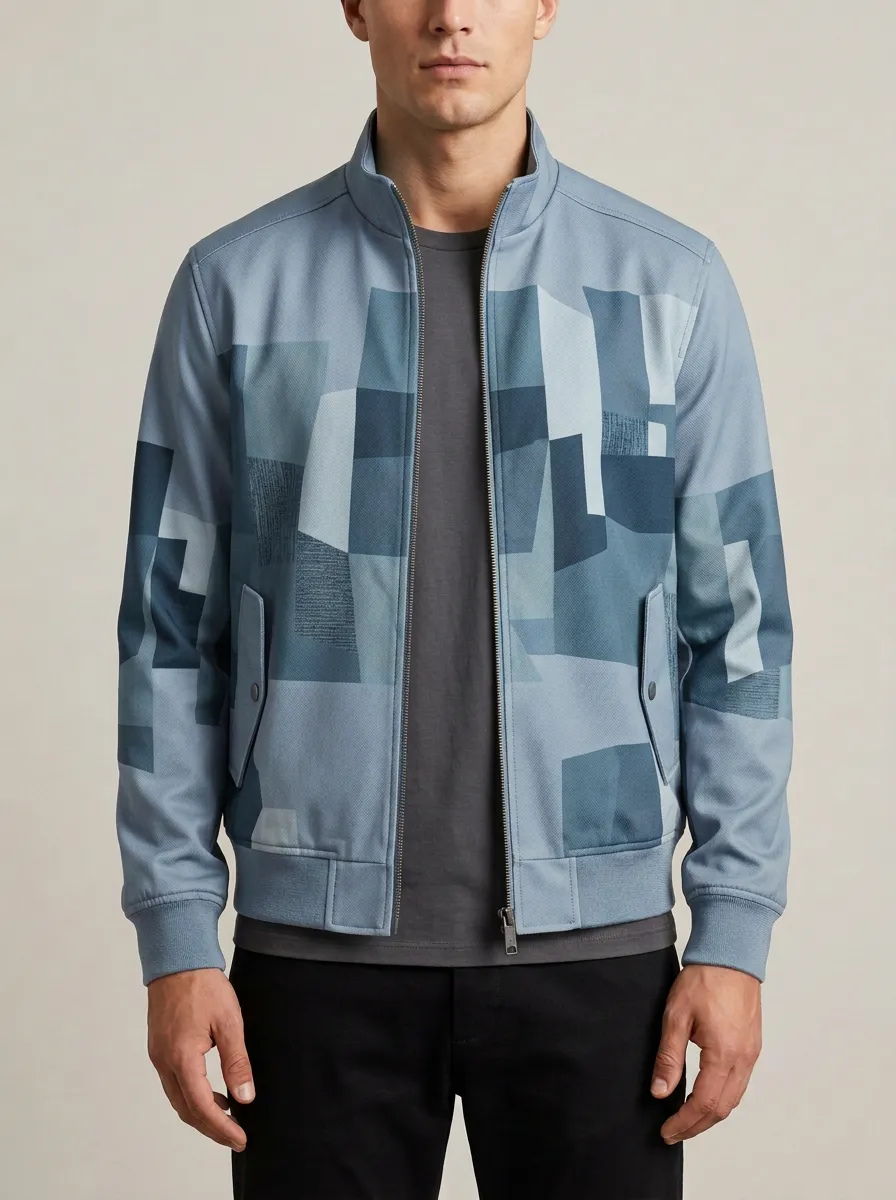 Geometric Print Stand Collar Welt Pockets Bomber Jacket