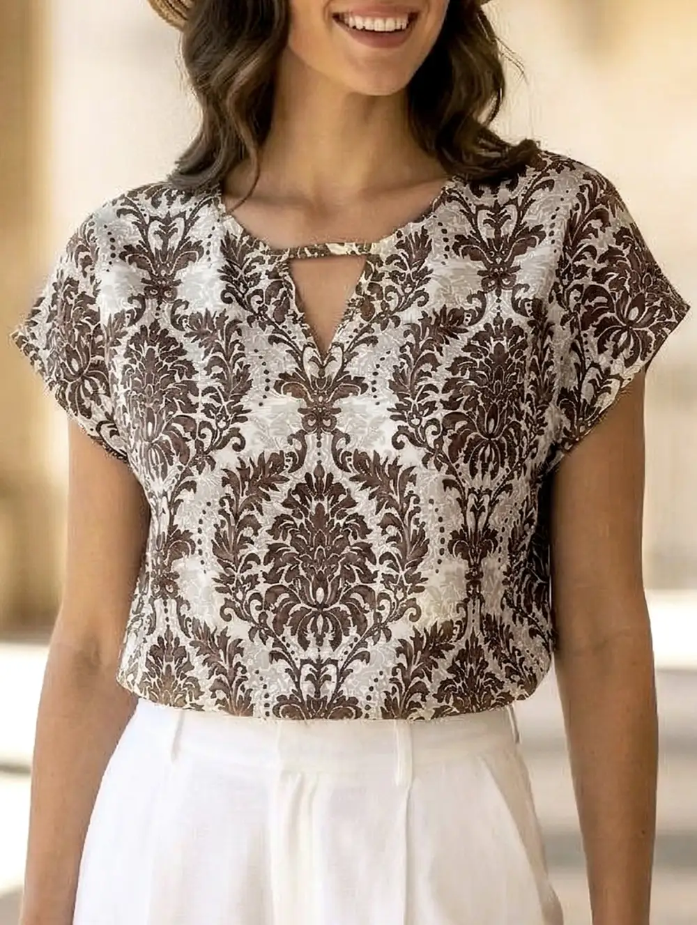 Print V-Neck Batwing Sleeve Top
