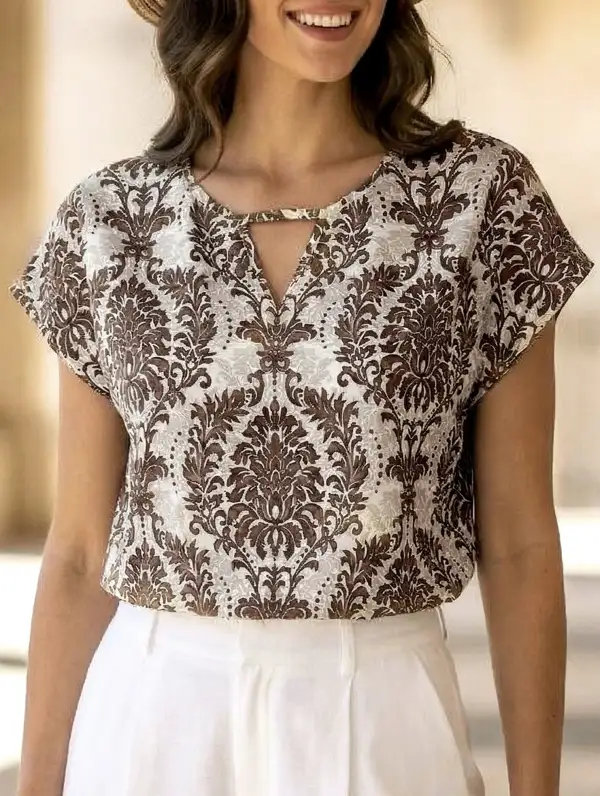 Print V-Neck Batwing Sleeve Top