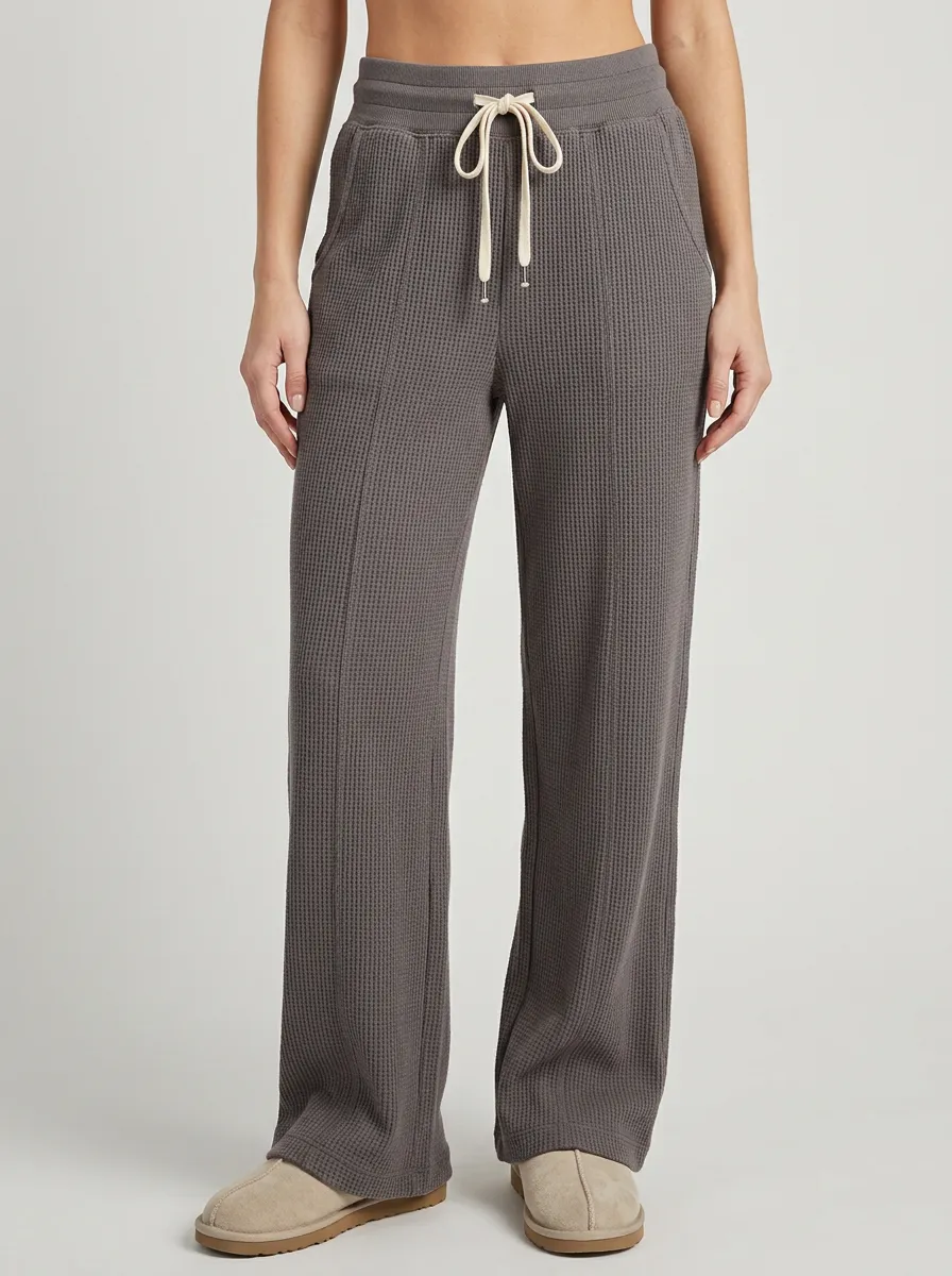 Women's Casual Lounge Waffle Knit Drawstring Wide Leg Pants