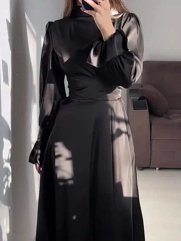 Sleeves Color Pleated Long Neck Maxi Dress