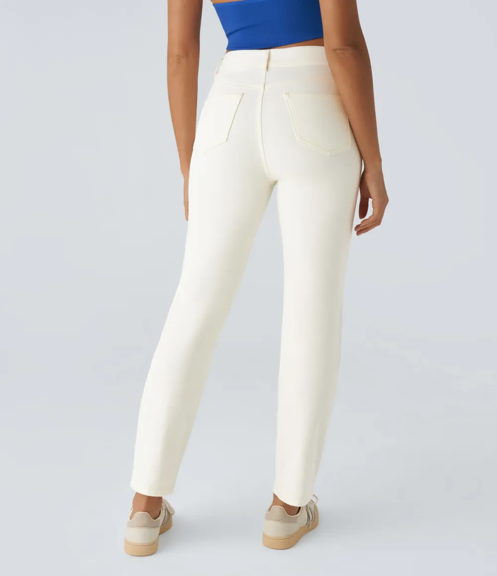 Magic High Waisted Multiple Pockets Straight Leg Washed Stretchy Knit Casual Jeans
