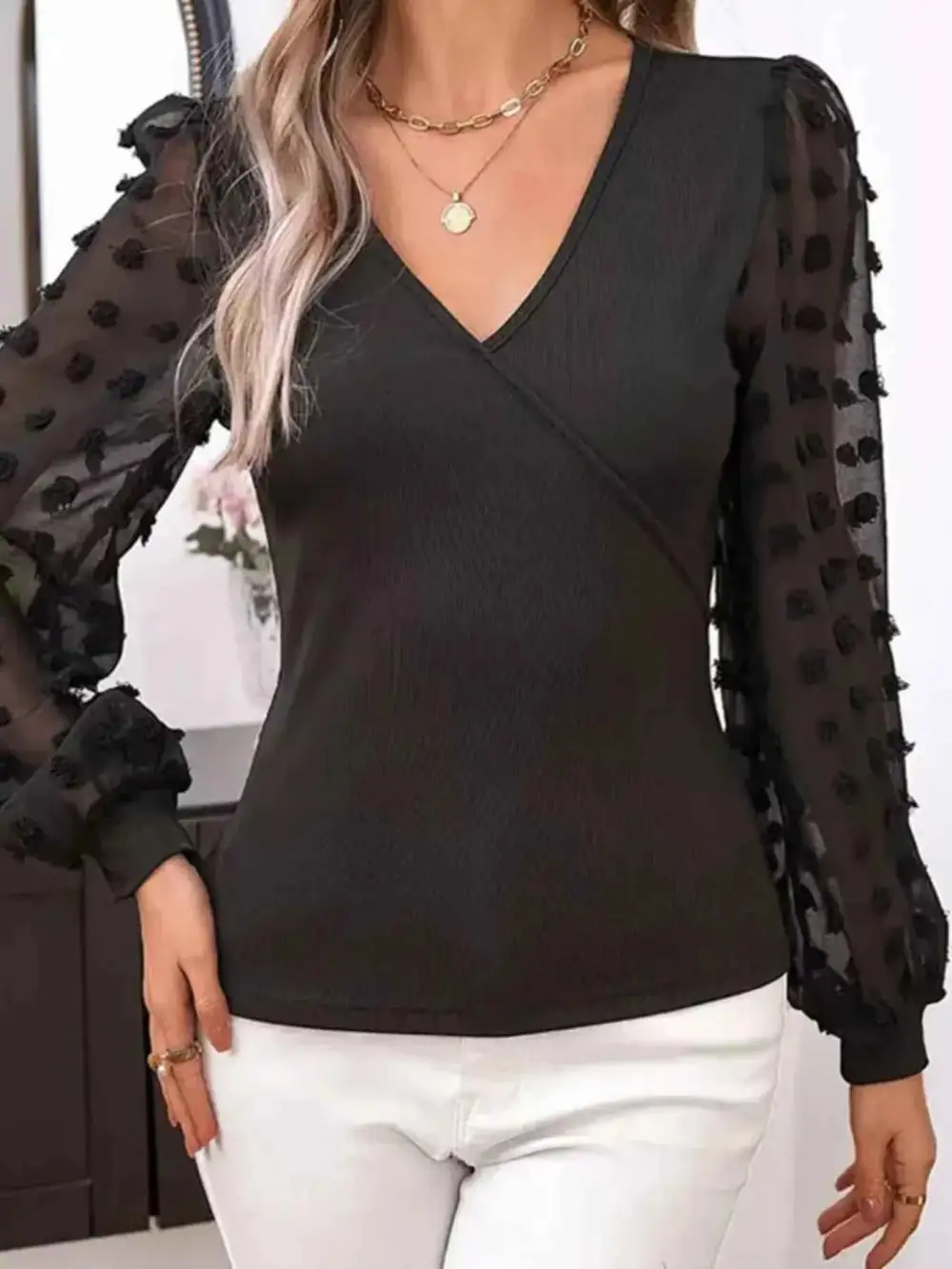 Mesh Sleeve Ribbed V-Neck Top