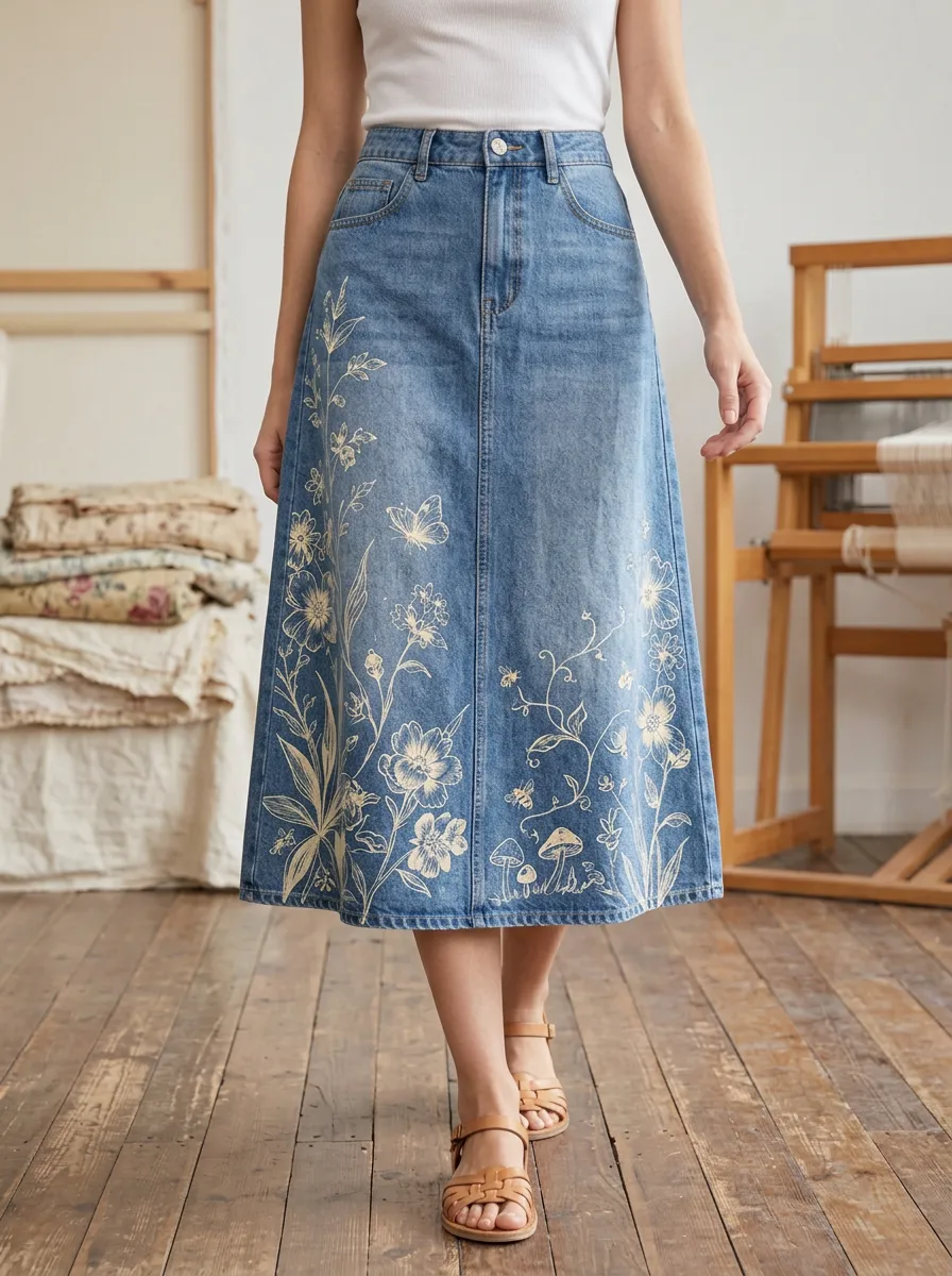 Women's Botanical Mushroom Butterfly Printed Denim Midi Skirt