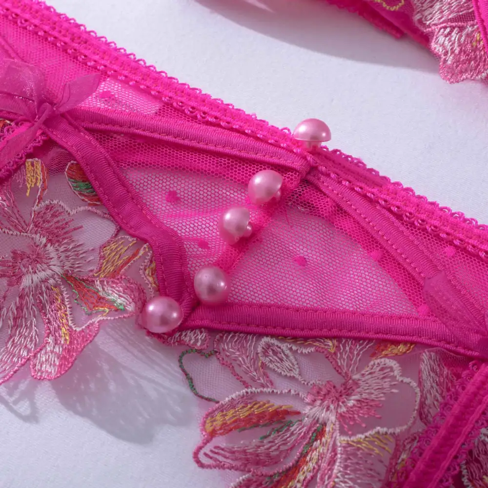 Floral Embroidered Garter Lingerie Set