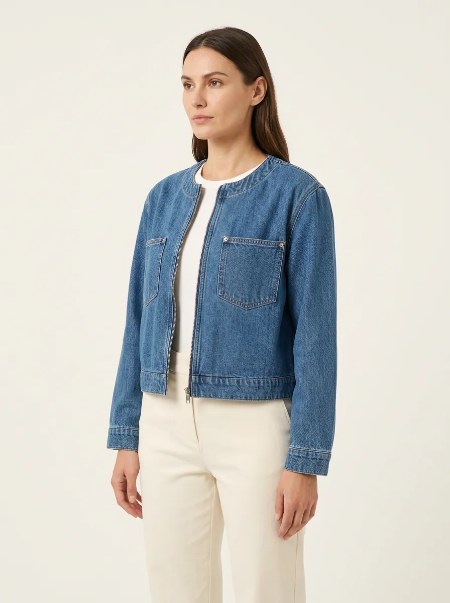 Women's Denim Zip-Front Collarless Jacket