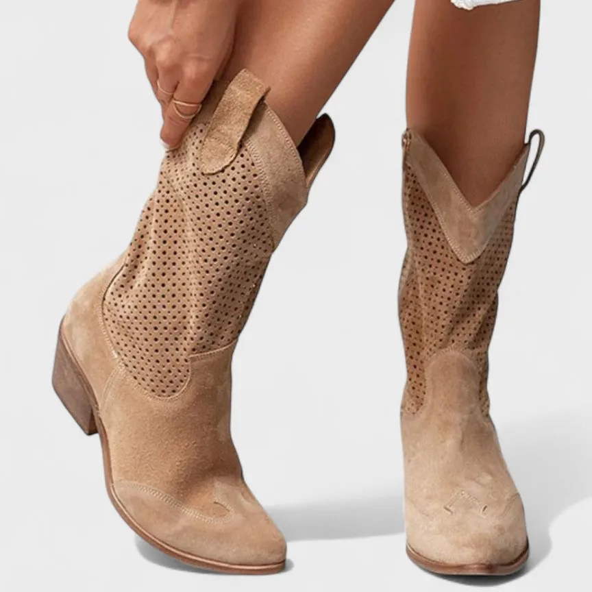Leather Suede Block Heel Knee High Boots