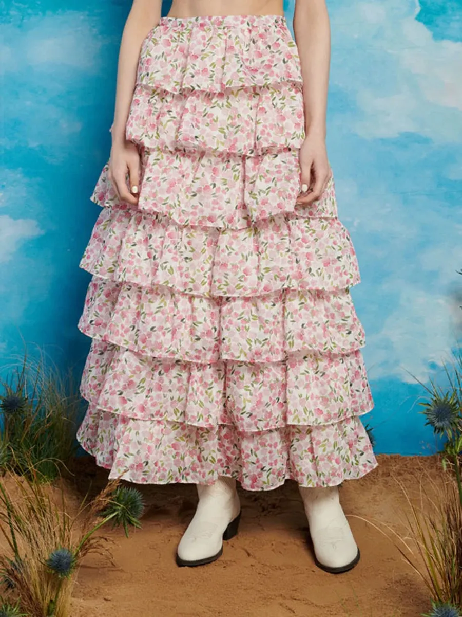 Hearts Tiered Midi Skirt