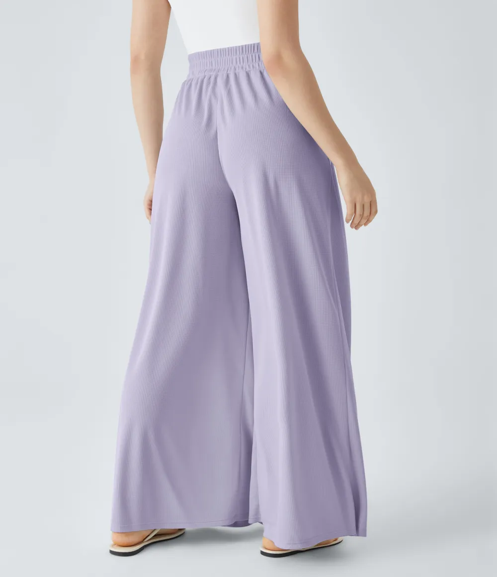 High Waisted Pleated Side Pocket Flowy Wide Leg Palazzo Waffle Casual Pants