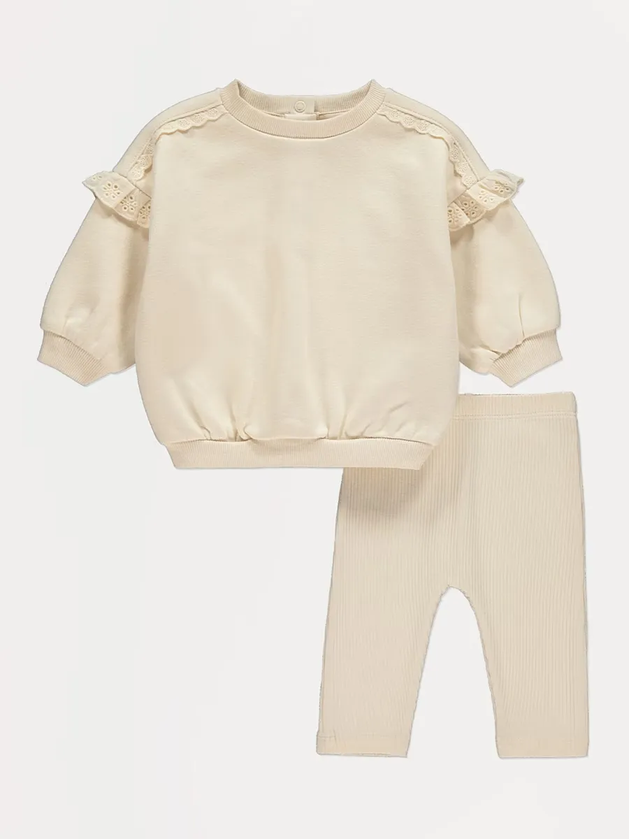 Neutral Broderie Ruffle Trim Sweater and Leggings Set