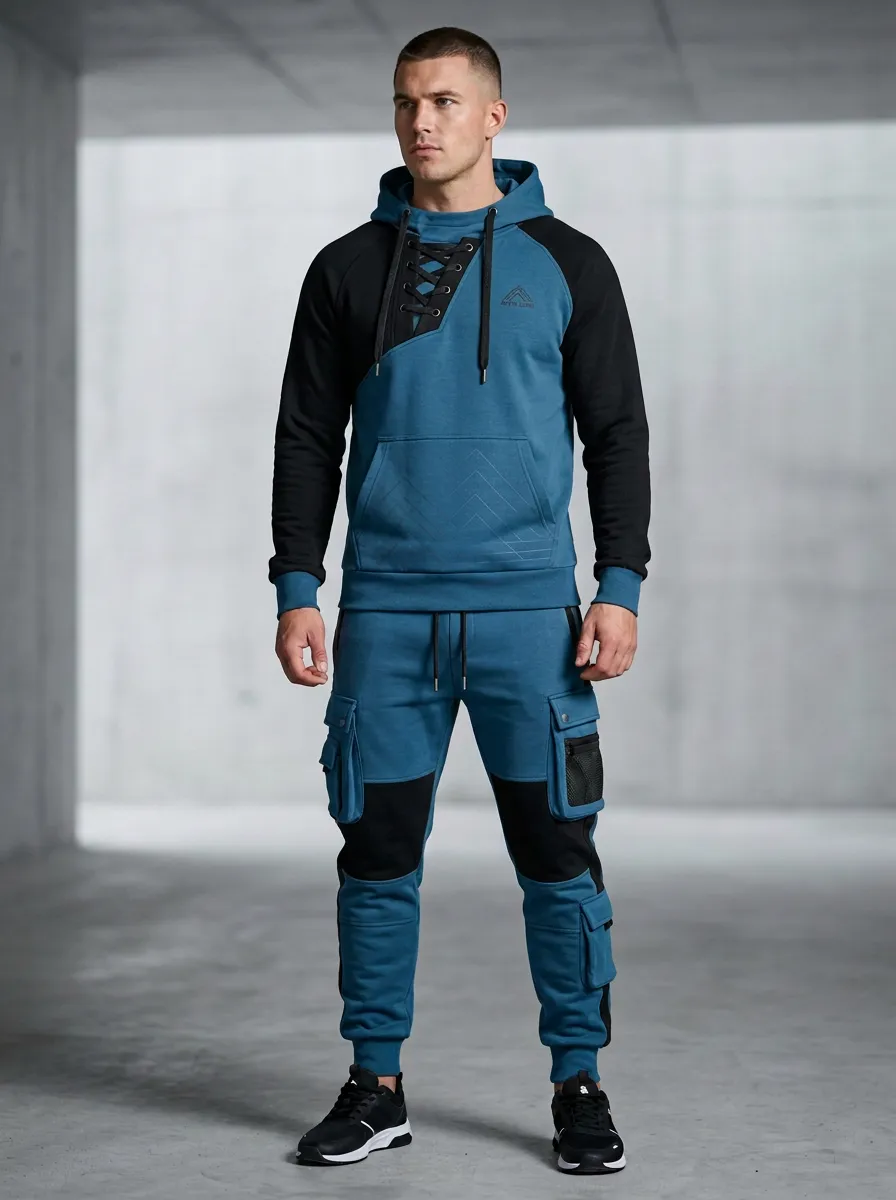 Trail-Inspired Lace-Up Multi Pocket Collection Men's Lace Up Hoodie And Cargo Jogger Set