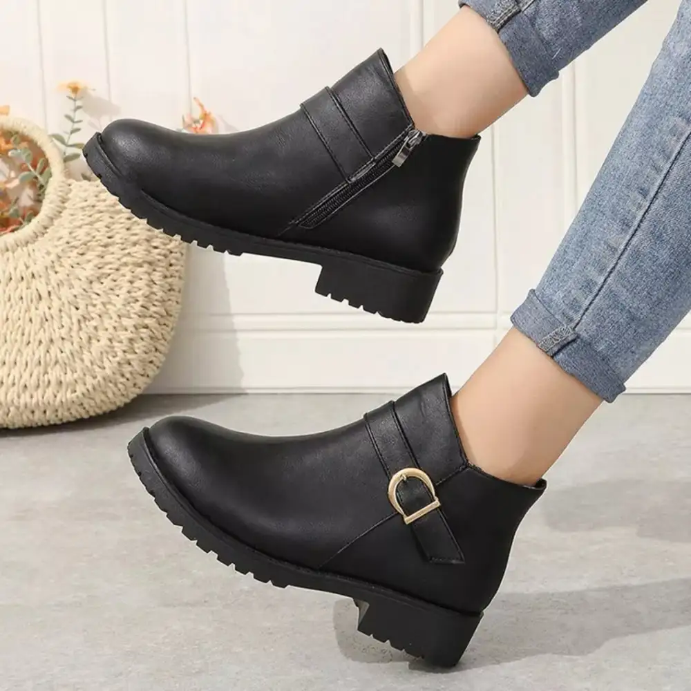 Textured Buckle Accent Ankle Boots