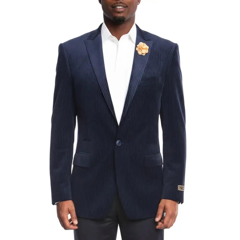 Navy Modern Fit Velvet Stripe Peak Lapel Jacket