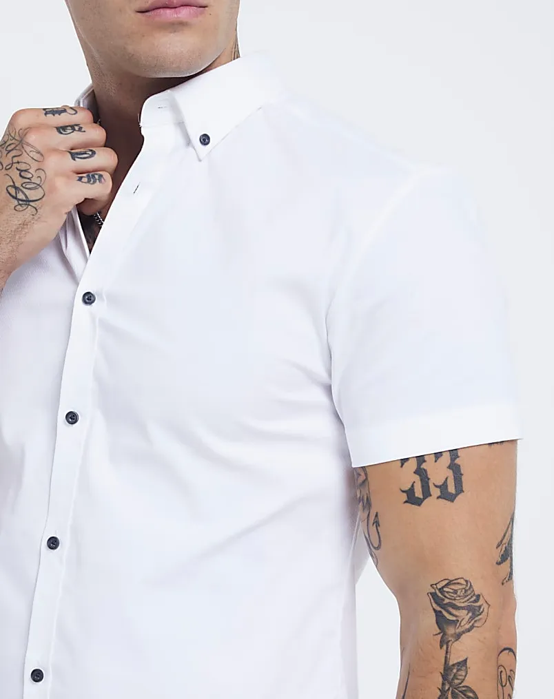 Men's White Slim Fit Textured Stretch Short Sleeve Shirt