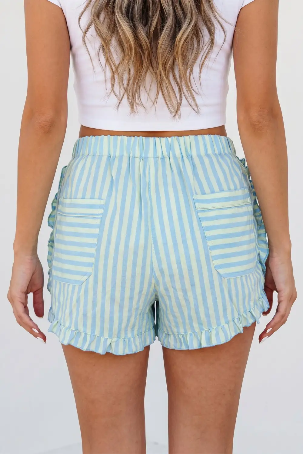 Elastic-Waist Ruffled Striped Casual Shorts