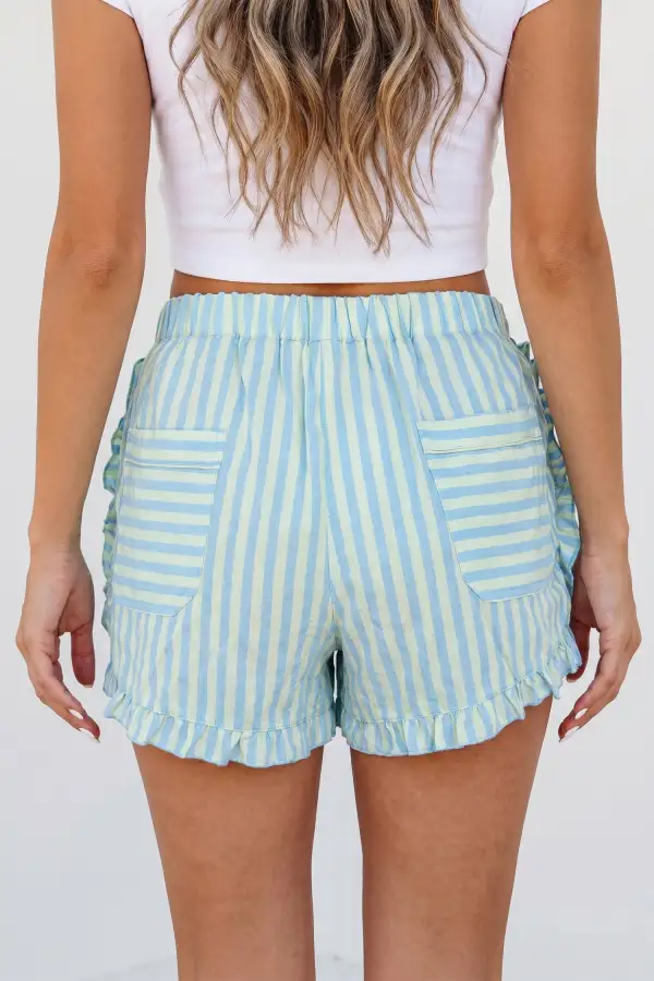 Elastic-Waist Ruffled Striped Casual Shorts