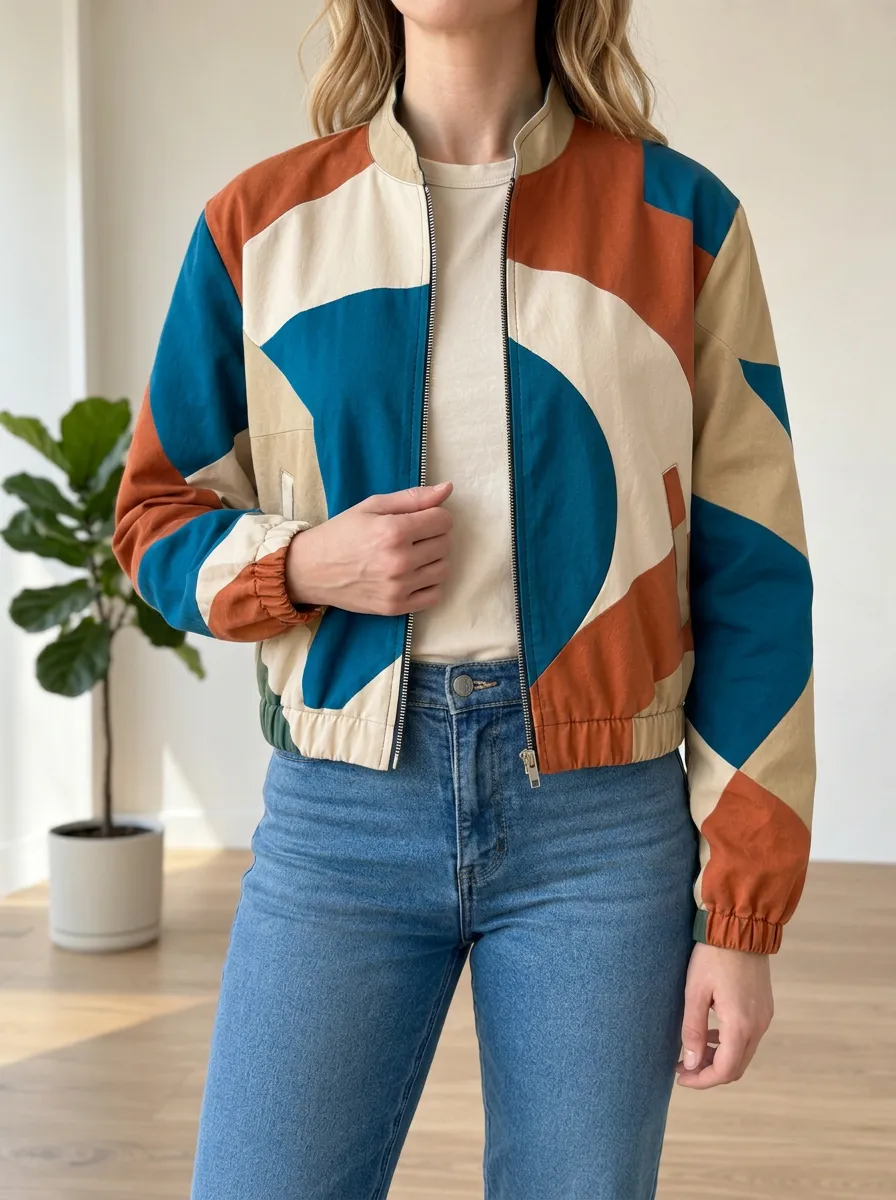 Women's Everyday Abstract Geometric Colorblock Bomber Jacket